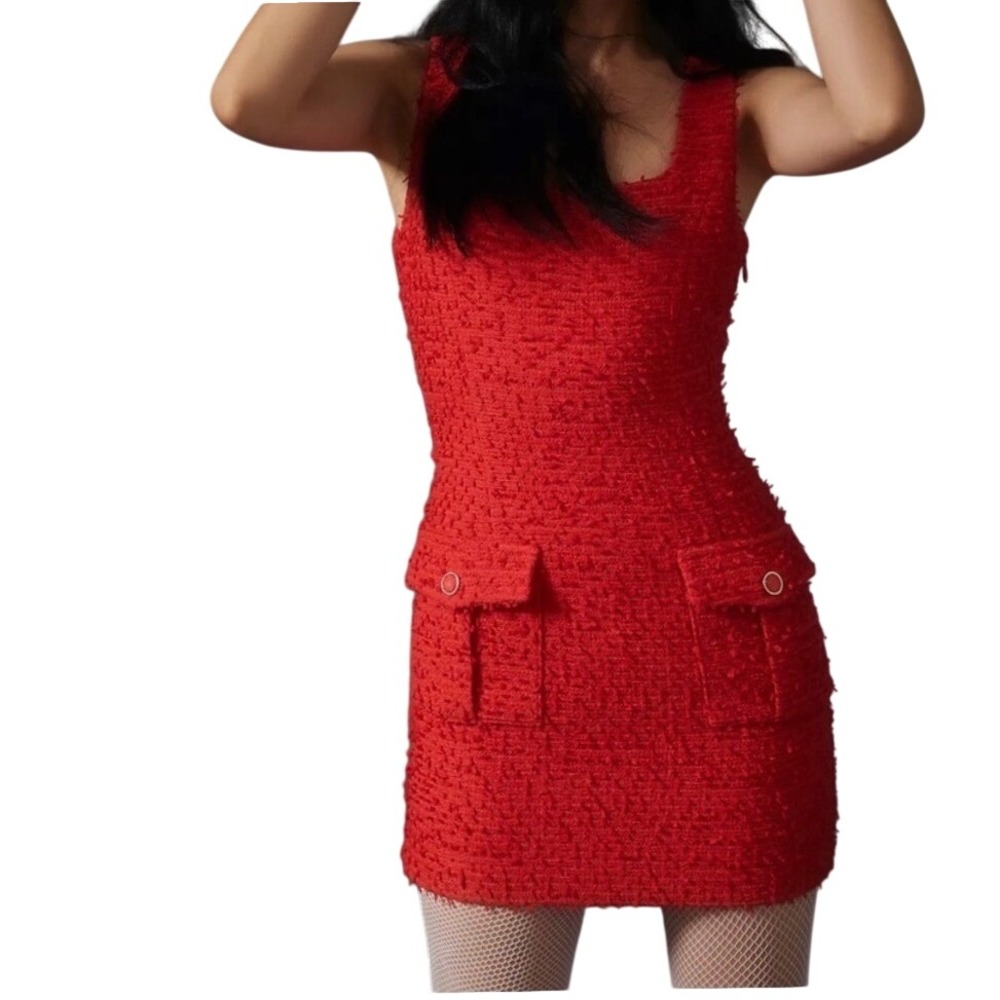 NWT Endless Rose Anthropologie Red Tweed Mini Dress Square Neck Size L $110